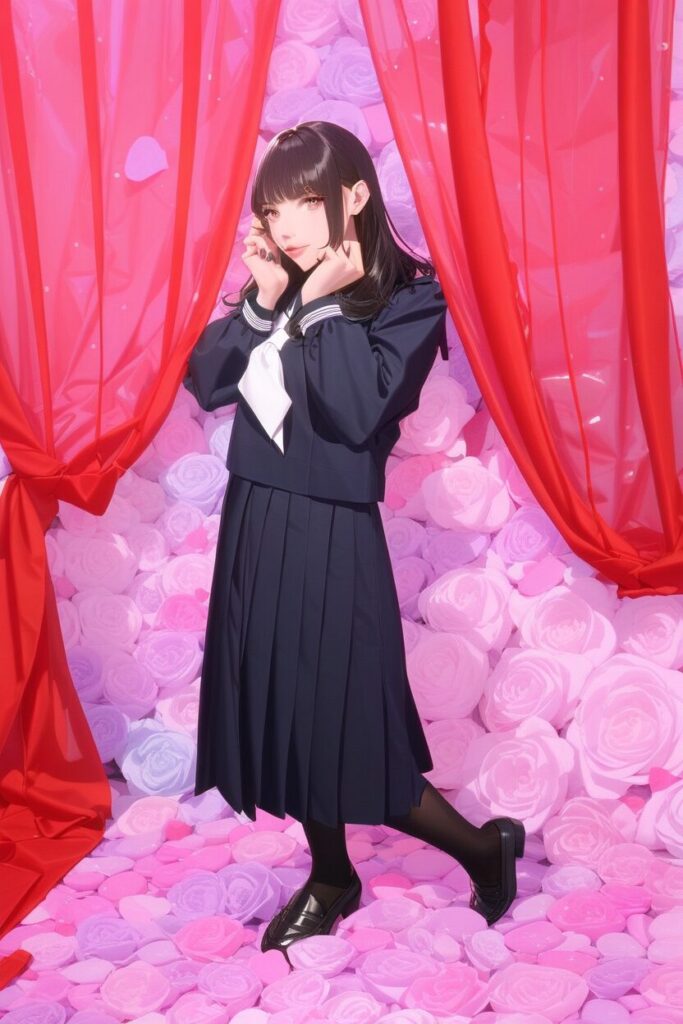 女教師の姿（如月美玲）で彼女のセーラー服を着て寄り添う男子高校生・水城尚樹