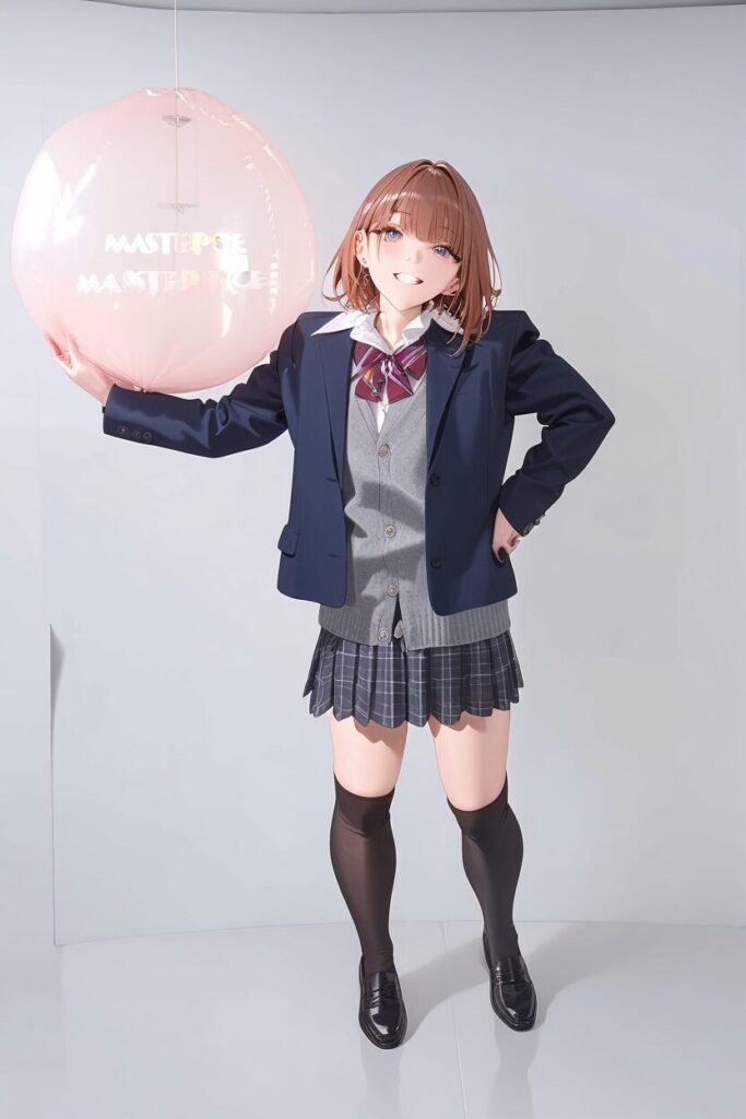 顔は颯真のまま女子の制服を着た颯真（美咲の体）が戸惑うイラスト。