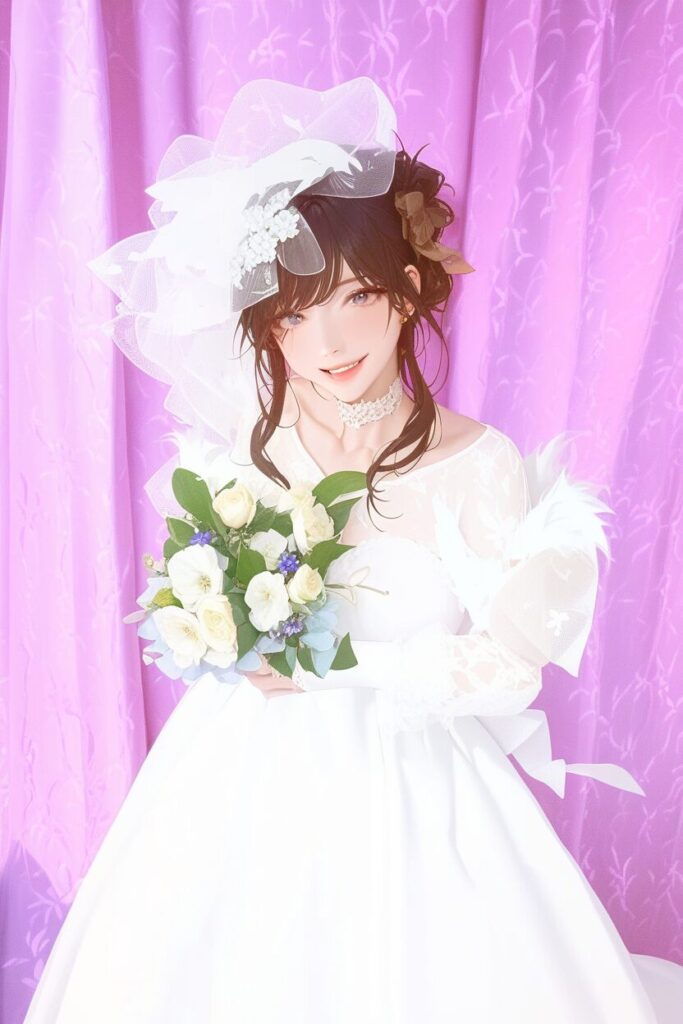 純白のウエディングドレスで花嫁姿の男の娘と、黒のタキシードで花婿姿のボーイッシュな女性が並ぶ、結婚式のワンシーンのイラスト