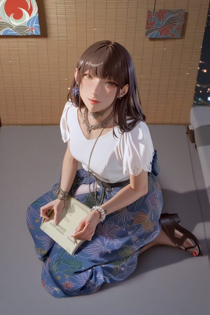 自分の部屋で、鏡に映る完璧な彩花の身体（中身は悠人）を見つめ、高揚感と羞恥に震えるイラスト。