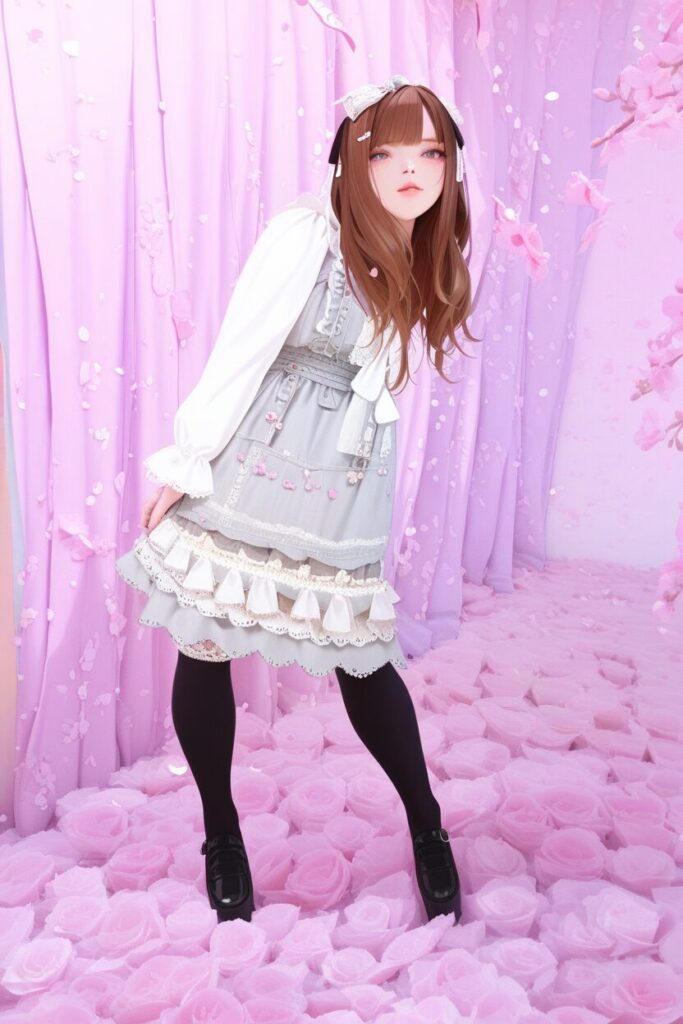 ルイの身体（中身は優真）が、フリルやリボンに囲まれ、魅了された表情で鏡を見つめているイラスト。