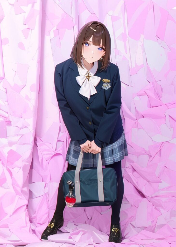 身体が入れ替わり、肩が窮屈になった女子制服を窮屈そうに着ている男子高校生の体の女子のイラスト