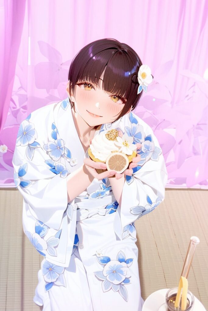 和菓子店の縁側で、疲労困憊で冷たいお茶を飲む花の身体(中身は柊)のイラスト。