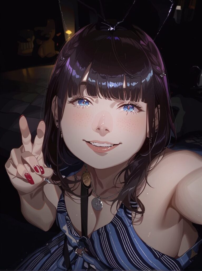 ミオの姿（中身は拓也）が鏡の前に立ち、その群青色の瞳の奥に強い意志の光が宿っているイラスト。