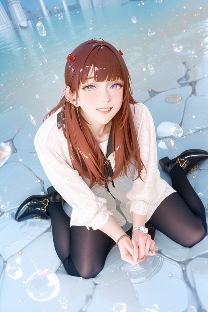 カールのかかった茶髪ウィッグとセーラーカラーのブラウス、プリーツスカート姿で「完璧な彼女」を演じる男の娘のイラスト