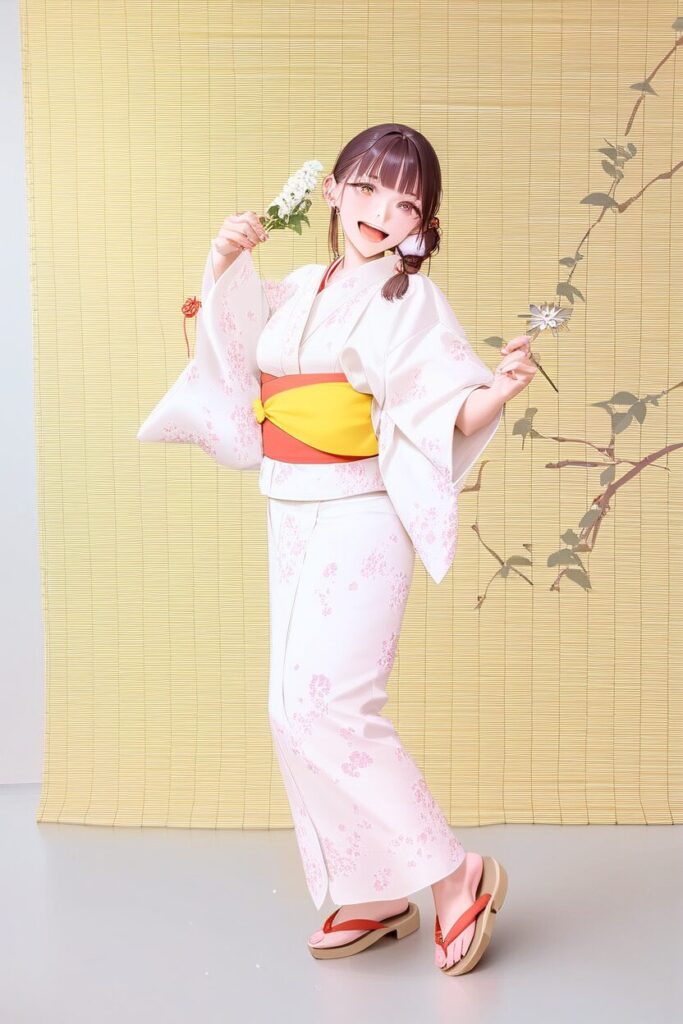 白地にピンクの花柄の女物浴衣を着て、黒髪ウィッグをつけた可愛らしい男の娘のモデル姿のイラスト