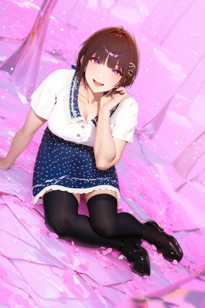 淡いピンクのブラウスと花柄のスカート(またはワンピース)を着用し、可愛らしく変身した彼女(玲奈)のイラスト