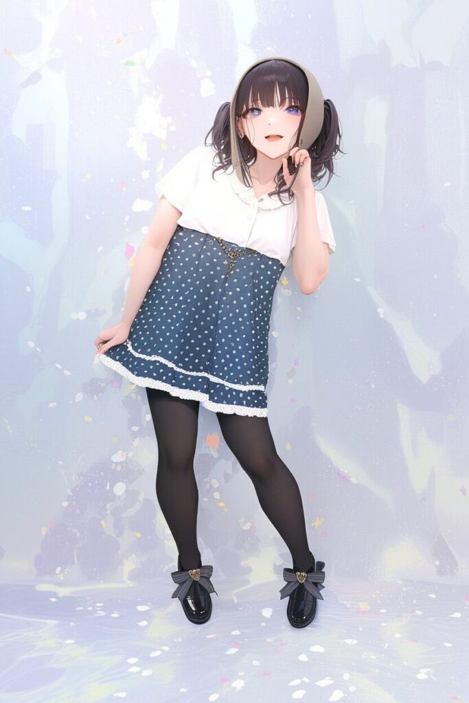 フリル付きブラウスと水玉模様のワンピースを着た、長い黒髪の女装姿の相馬蓮（不良高校生）のイラスト
