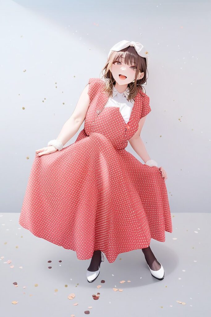 フリルと水玉模様の赤いドレスを試着し、鏡の前で微笑むヒロイン代役の佐倉真司（24歳劇団員）のイラスト