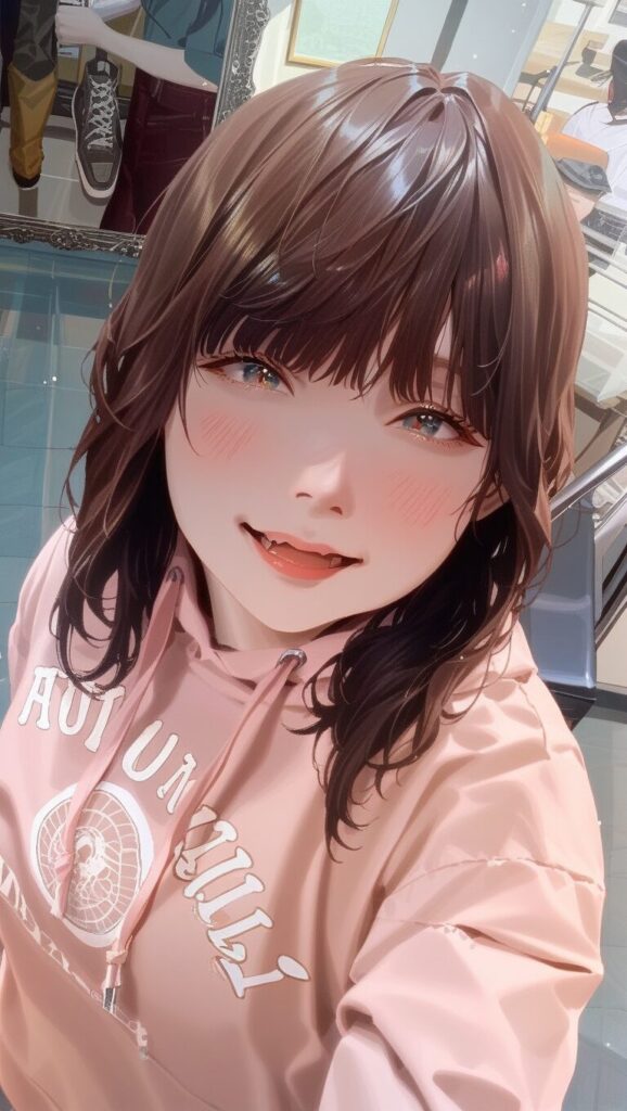 フリル付きのピンクのトップスと白いスカート、茶色のウィッグ姿で、照れながら微笑んでいる大学生の悠斗の女装イラスト