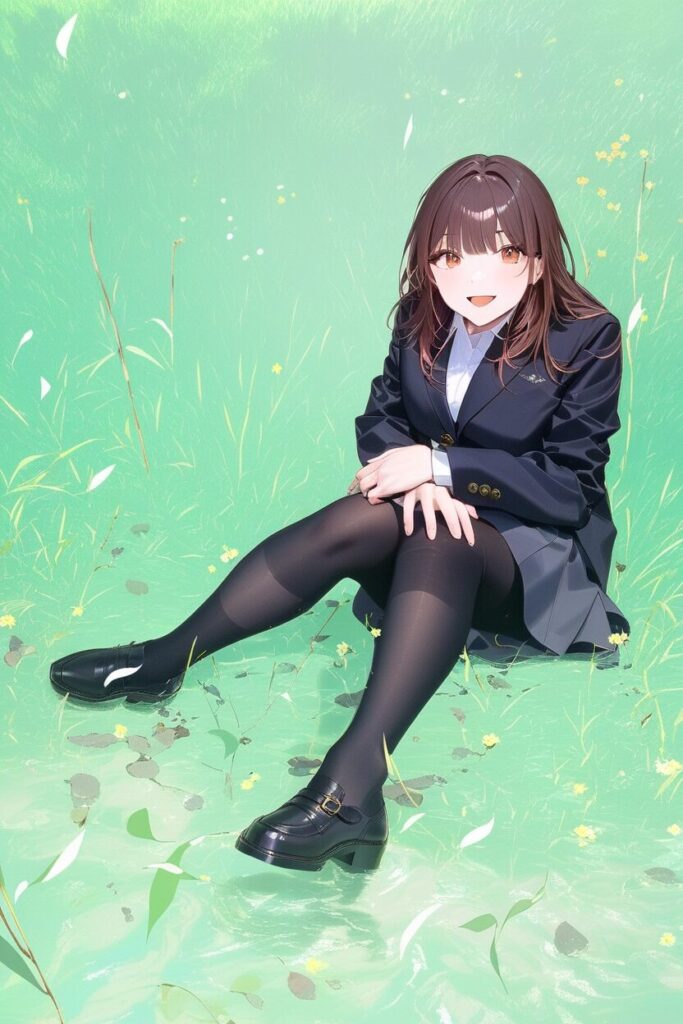 女子高生の制服（紺ブレザーとグレースカート）を着て、少し困った表情で俯いている男子大学生・悠真のイラスト