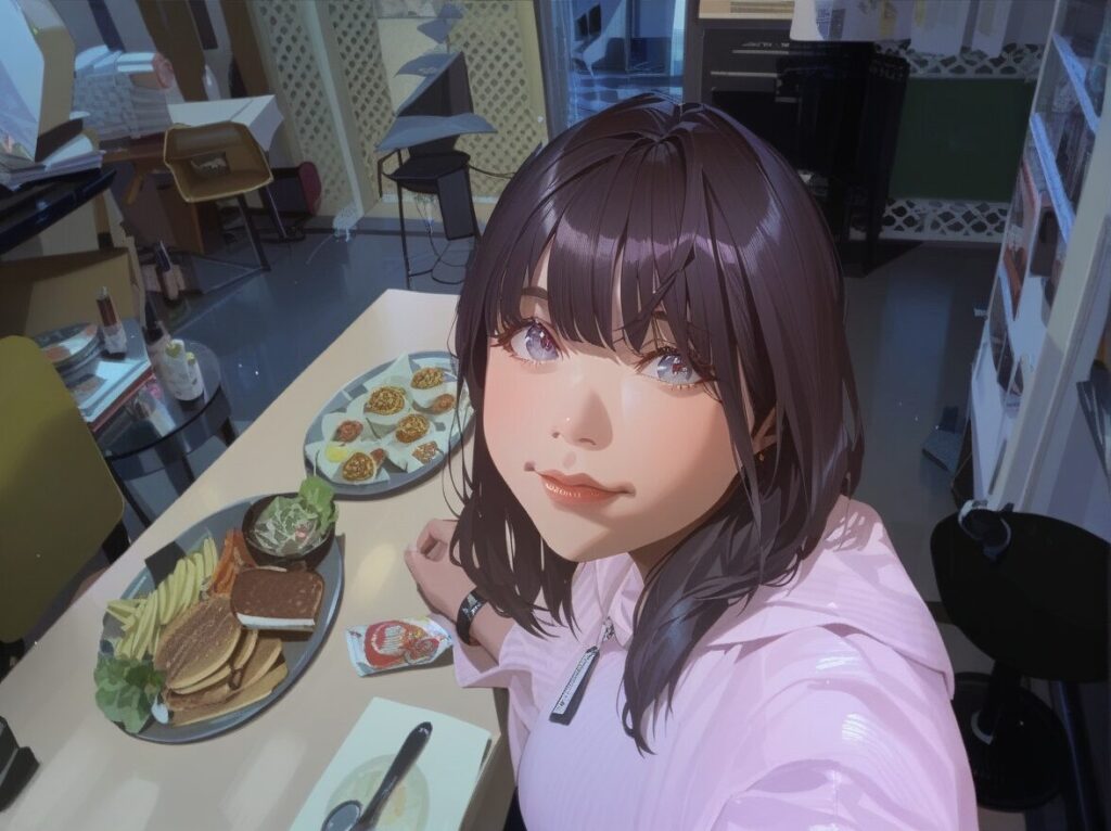 フリル付きのメイド服のような制服を着て、長い黒髪ウィッグをつけた、女装姿の男子大学生・悠真のイラスト。