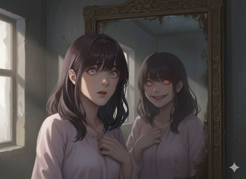 カフェテリアの大きな鏡の前で困惑した表情