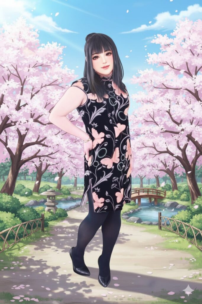 光沢のあるチャイナドレスを着用し、メイクを施したアジア系の成人男性が、室内の照明の下でポーズを取っている画像。カメラ目線で少し憂いを含んだ表情をしており、滑らかな布地の鮮やかな模様と、ドレスから伸びる腕の対比が印象的。これは、IT企業に勤める主人公・健太が、女装に挑戦し、友人にメイクをしてもらった後の姿を想定している。