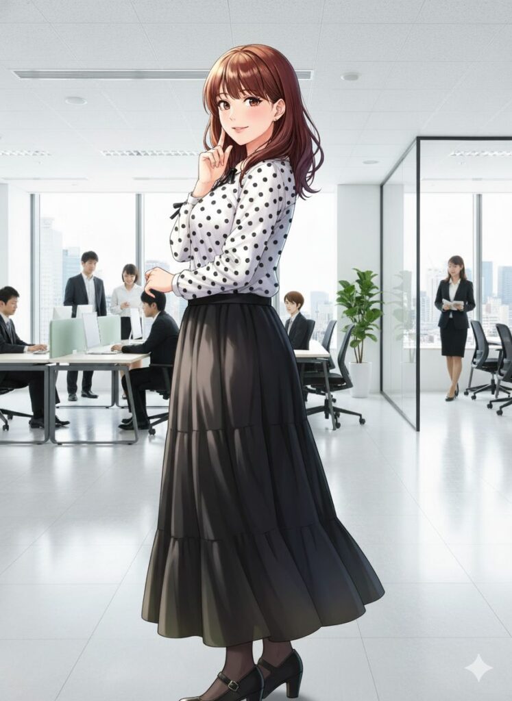 鏡に映った自分を見て驚く女装姿の男性社員と、それを見守る同僚の女性、そして後ろで興味深そうに見つめる男性社員。会議室のような場所で、化粧品やウィッグが置かれたテーブルがある。