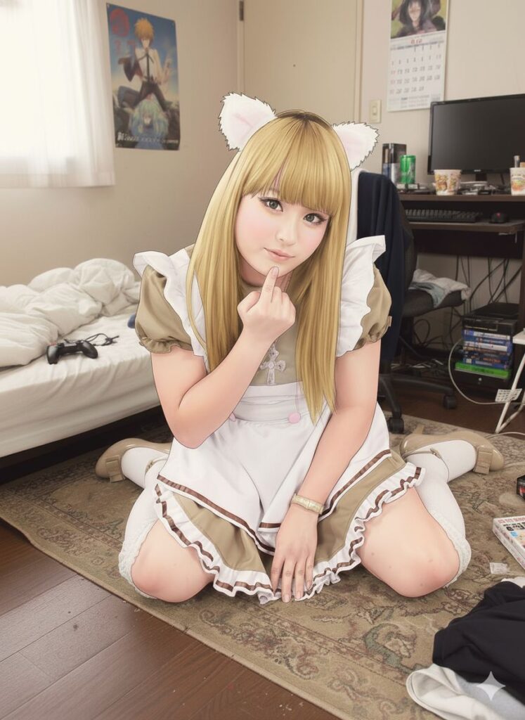 ネコ耳付きメイド服を着て微笑む長髪の女性風キャラクター
