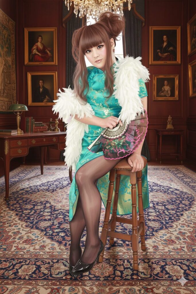 デフォルメされたチャイナドレスの女性が屋敷の一室で扇子を持つイラスト。男女入れ替わり小説の挿絵。