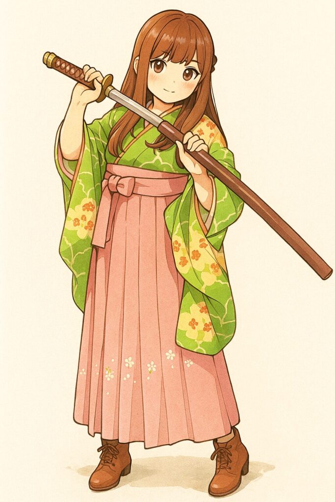 花柄の緑の着物と袴姿で刀を構えるドジっ子キャラの挿絵