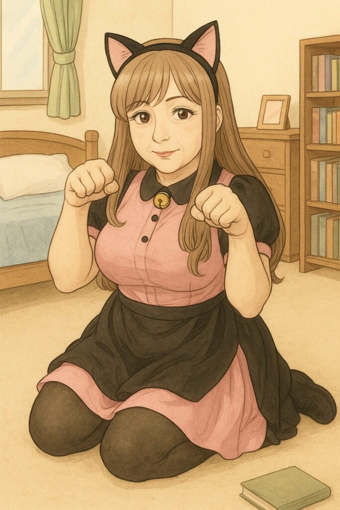 熟年女性の身体で目覚め、驚いて鏡を見る青年の意識