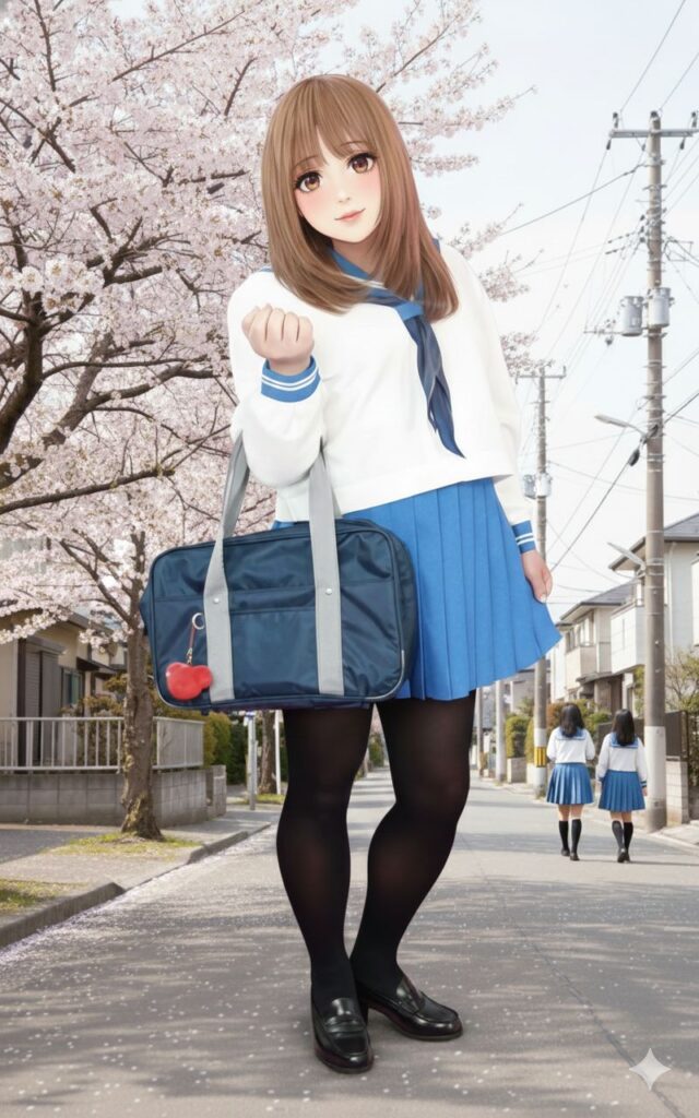 鏡の前で茶色のウィッグを被り、セーラー服を着用して戸惑う女装男子の悠斗がワンピースに着替える