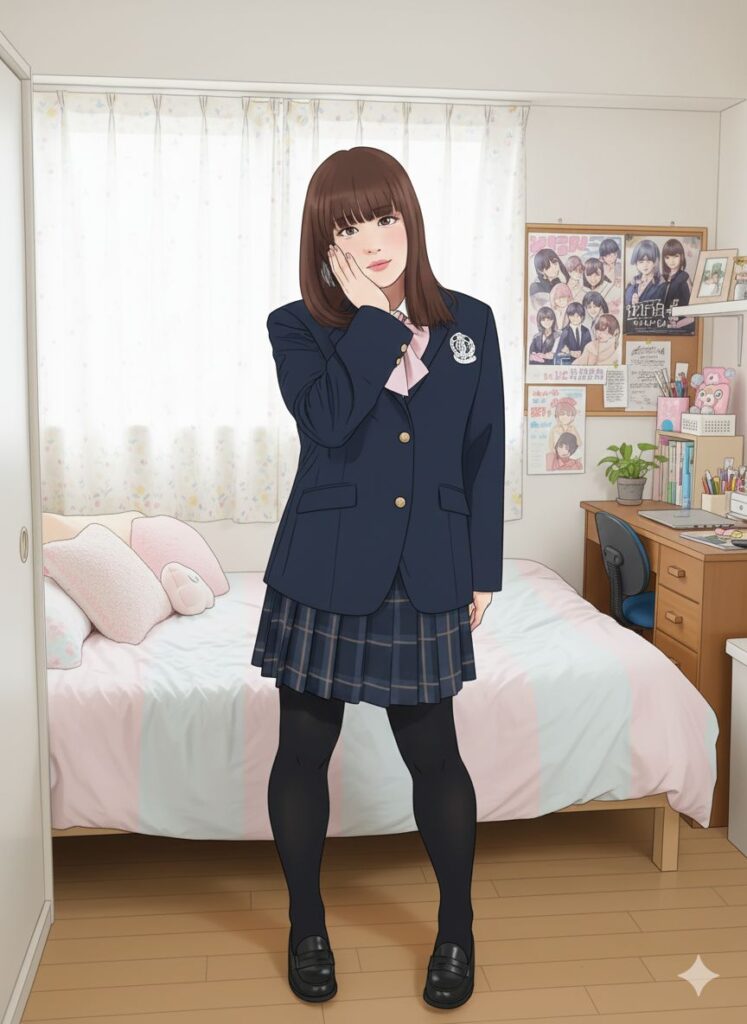 高校の制服（ブレザー、チェックのスカート）を着て、茶髪のウィッグとメイクで完璧に女装した男子高校生が、自宅の部屋で頬に手を当てて立っているイラスト。