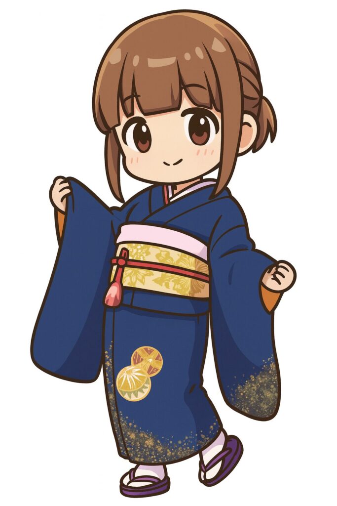 男女入れ替わりストーリーの挿絵:紺色の着物と手毬柄の振袖を着た女性のポートレート