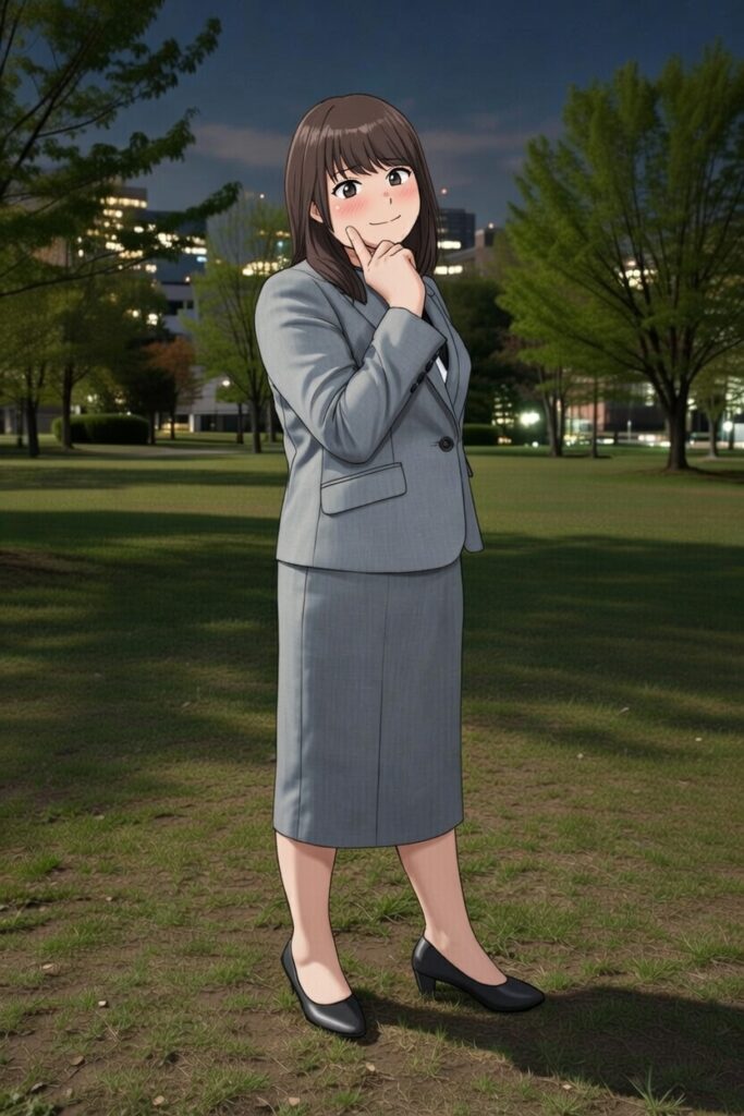 女性用のスーツを着せられ、自身の変貌に震える「悠奈」の姿